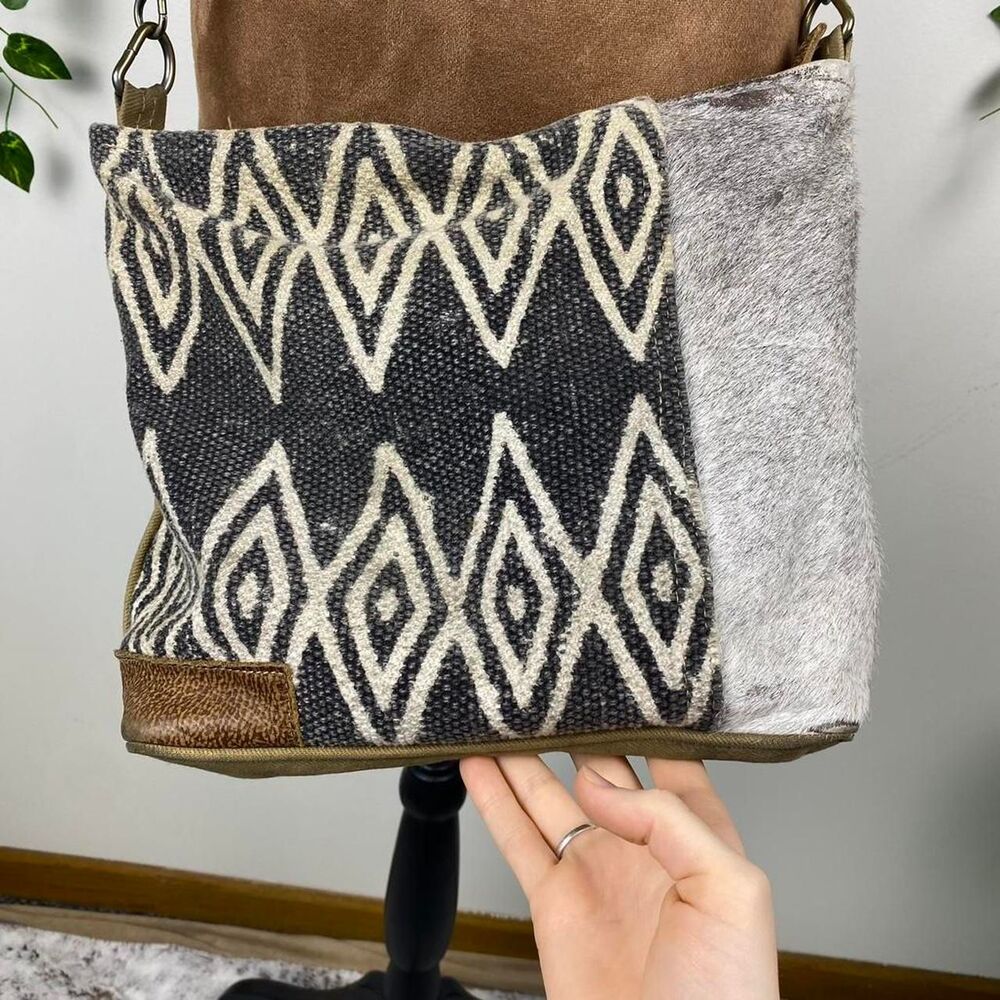 Myra Bag messenger western leather cotton canvas animal fur cowhide earthy